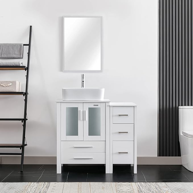 eclife 36" Modern Bathroom Vanity Sink Combo Freestanding Cabinet with Small Side Cabinet, White Rectangle Ceramic Vessel Sink, Water Save Faucet, Drain (White+T03)