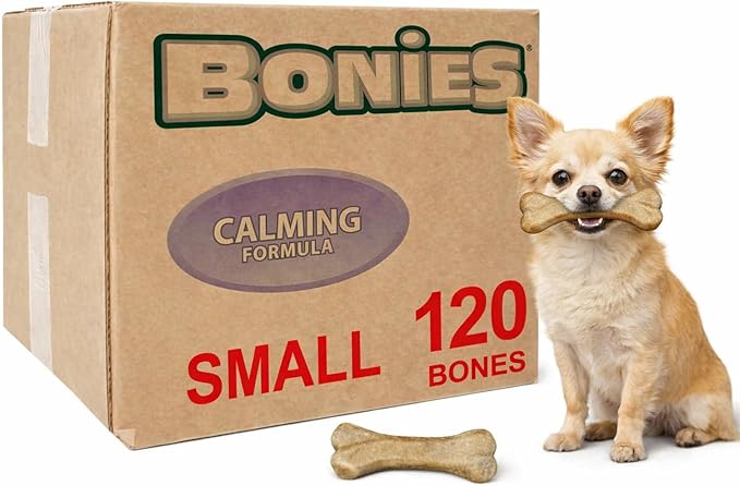 Bonies Natural Calming Formula Small-Sized Single Bone - Contains Chamomile & Lavender, Help Anxiety, Excessive Barking & Trembling, Chicken Flavor, Small Dogs, 120 Bones