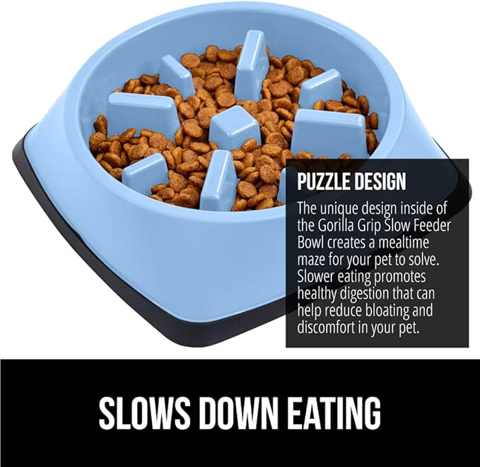 Gorilla Grip Slow Feeder Dog Bowl and Pet Feeding Mat, 2 Cups Dogs Pet Bowls Slip Resistant, Dog Food Mats Size 18.5x11.5 Waterproof Placemats, Both in Light Blue Color, 2 Item Bundle