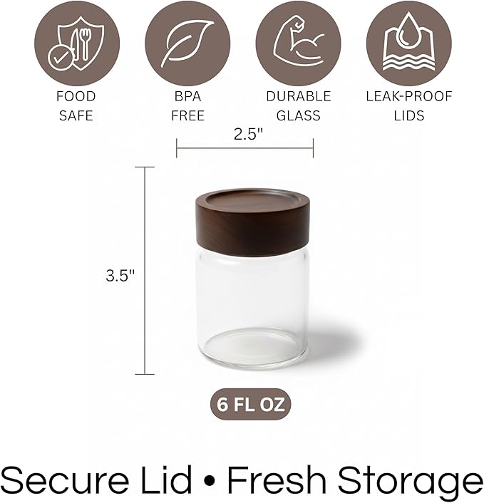 Wide Mouth Glass Storage Jars With 2.5" Acacia Wood Lids - 6 Pack of 6 Oz Food Storage Containers - Borosilicate Glass Canisters Sets For Kitchen - Pantry Organizers and Storage for Flour Rice Coffee