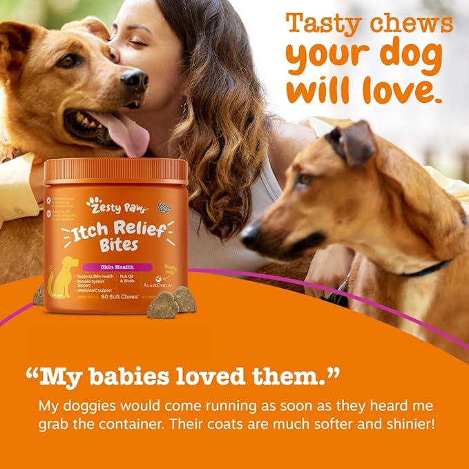 Zesty Paws Itch Relief for Dogs - Chews for Itching Skin & Coat - Omega-3 Fish Oil with EPA & DHA - Dog Allergy Relief Chews Supplement - Vitamin C & E Antioxidant Support - Chicken Flavor - 90 Count