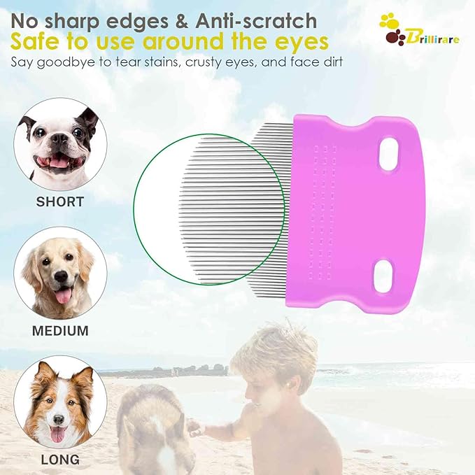 4 Pack Professional Eye Comb, Stainless Steel Pet Tear Stain Remover, Dog Cat Flea Lice Grooming Combs with Gentle Rounded Teeth, Eye Gunk Removal, Dematting Tool for Small, Medium & Large Pets