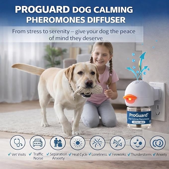 ProGuard Dog Pheromones Calming Diffuser Kit Appeasing Pheromone Diffuser to Calm (3 Plug in+ 6 Pack 48ml Refill) for Anxiety Relieve Relief Reduce Aggression Fighting Barking Stress 180 Day Supply