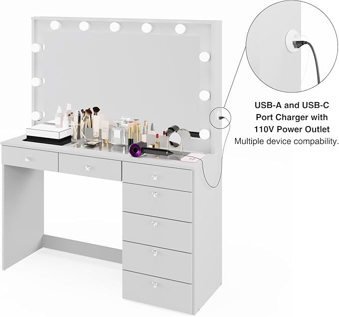 Boahaus Serena White Makeup Vanity with Mirror and 11 Lights, 7 Drawers, Glass Top, Crystal Knobs, USB-A & USB-C Ports, 110V Power Outlet, Bedroom Vanity Desk (White)