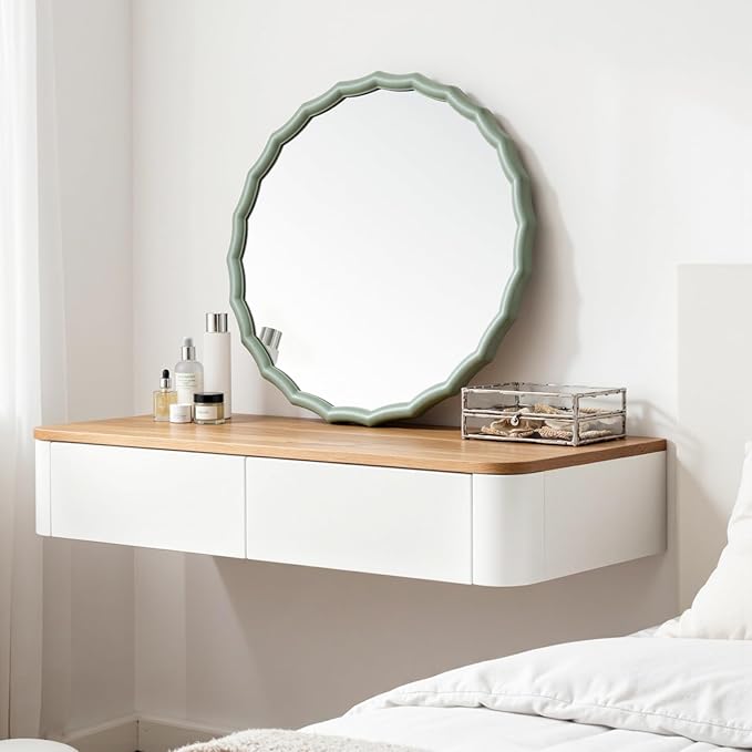 24" Green Scalloped Circle Mirror, Round Wavy Edge Mirror, Farmhouse Wood Frame Vanity Mirror Decorative for Bathroom Bedroom Living Room Home House Office Entryway