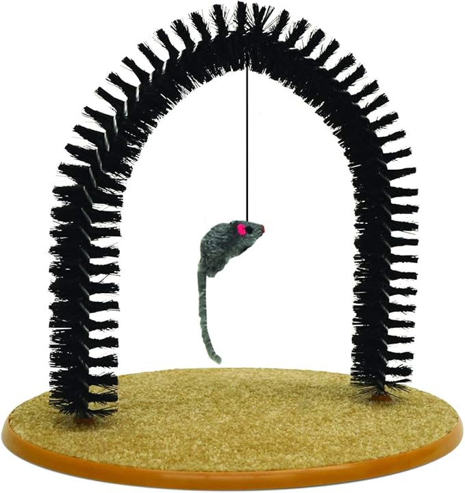 Pet Parade Self-Grooming Playtime Cat Arch - Helps Prevent Hairballs & Controls Shedding - Includes Hanging Toy, Black