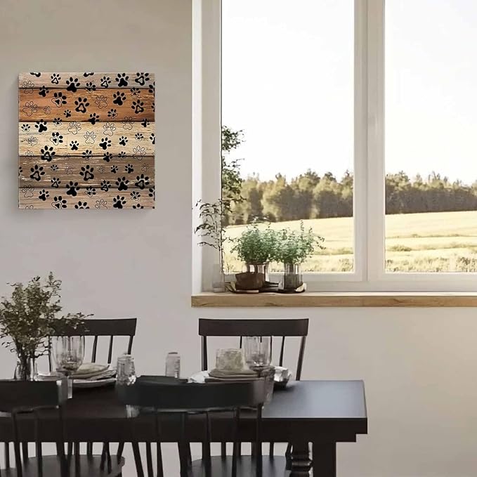 Framed Canvas Wall Art for Living Room Dog Paw Print Wall Decor, Retro Brown Wood Grain Aesthetic Paintings for Bedroom Office Kitchen Bathroom, Ready to Hang Artwork Wall Pictures 8x8 Inch