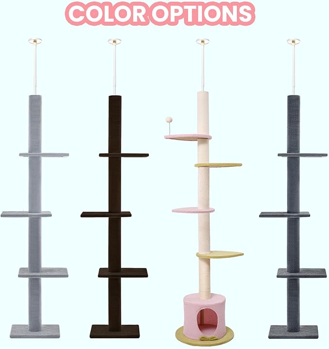 Max & Marlow Cat Tree Floor to Ceiling Cat Tower Height 95-108" Adjustable Kitten Tree Tall Climbing Tree with Carpet Scratching Post and Mat Cat Pole for Indoor Cats,Light Grey