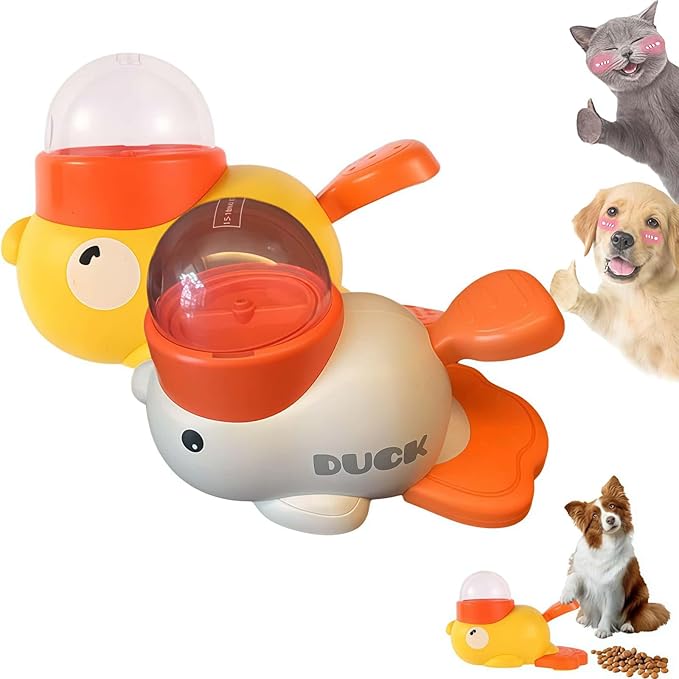 Duck Treat Dispenser Interactive Slow Feeder Puzzle Toy for Dogs and Cats, IQ Training Pet Enrichment Toy with Adjustable Openings(Yellow + White)