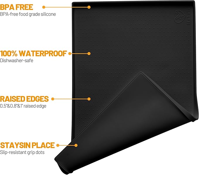 Hubulk Dog Feeding Mat,100% Waterproof Food Grade Silicone Pet Food and Water Bowl Placemat,Dishwasher, High Raised Edge to Prevent Spills,Nonslip Tray to Stop Messes on Floor (19"x12"x0.5", Black)