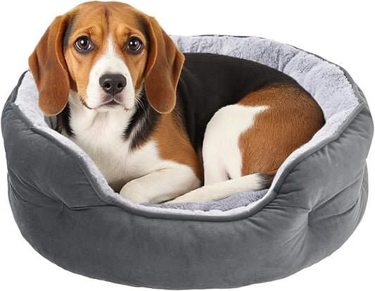 Amazon Basics Round Dog Bed for Medium Dogs, Cat Beds for Indoor Cats, Washable Pet Bed with Soft Plush Cushion, Anti-Slip Bottom, 30x24x8 Inches, Gray