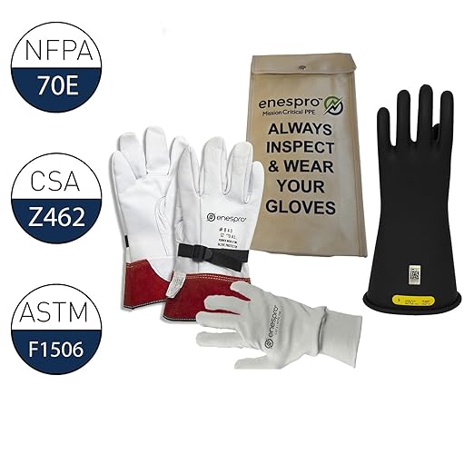 Enespro Class 2 Black Rubber Voltage Insulating Glove Premium Kit with FR Knit Glove and Leather Protectors, Max. Use Voltage 17,000V AC/ 25,500V DC, KITGC2B11AG