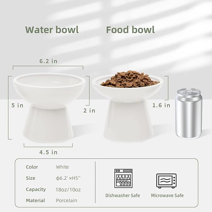 2 Elevated Ceramic Cat Bowls Extra Wide for Food & Water – Whisker Fatigue Shallow Food Dish, Lead & Cadmium-Free, Raised Height for Cats and Dogs, Two Different Depth Bowls, White