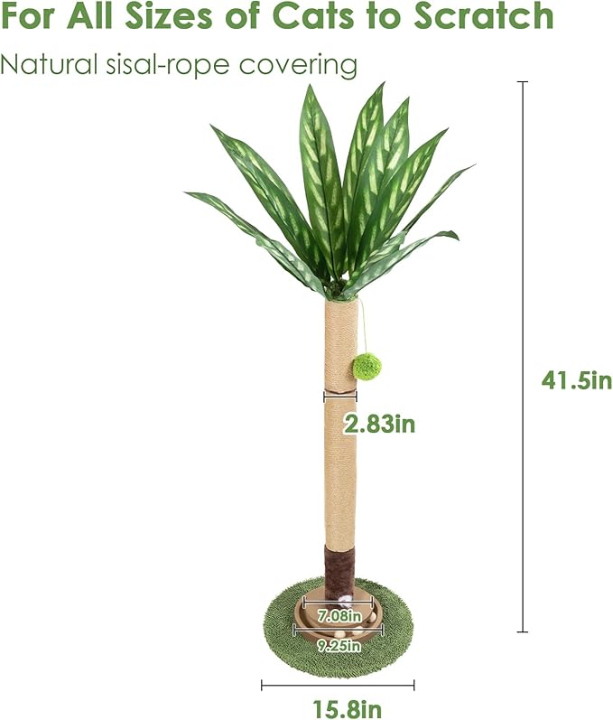Cat Scratching Post, 35 Inch Tall Cat Scratcher Cat Tree Tower with Hanging Ball for Indoor Cats Adults,Sisal Rope Kitten Scratch with Interactive Mouse Cat Toy (41in, Peacock Plant Leaves)