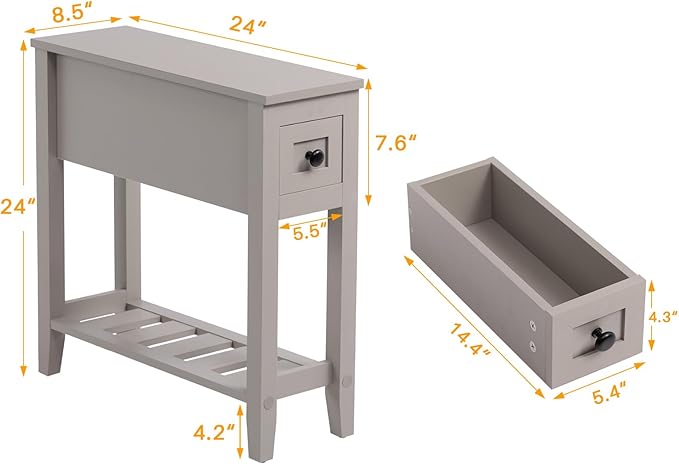 Grey Chairside Narrow End Table, Solid Recliner Side Table with Drawer, Slim Nightstand Bedside Table for Living Room Bedroom
