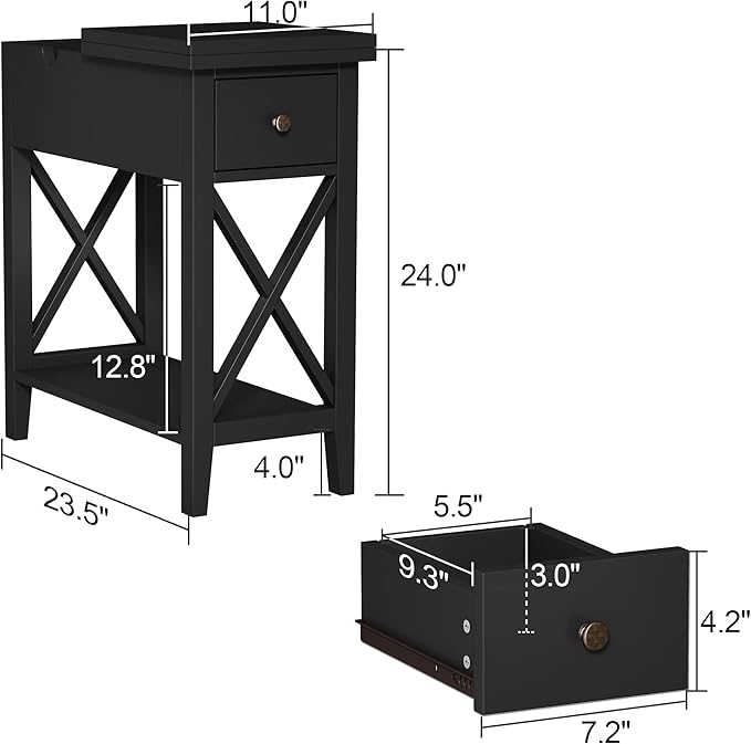 ChooChoo End Table, Flip Top Narrow End Table with Drawer, Accent Small Side Table Nightstand for Living Room, Bedroom, and Small Spaces, Black