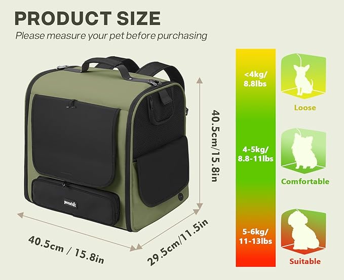 Pecute Cat Carrier Backpack Pet Carrier Backpack Widen Large Space, Stable Pet Backpack for Cat Small Dog, Ventilated Pet Backpack Miniature Dachshund Bag Suitable for Hiking, Camping Dark Green