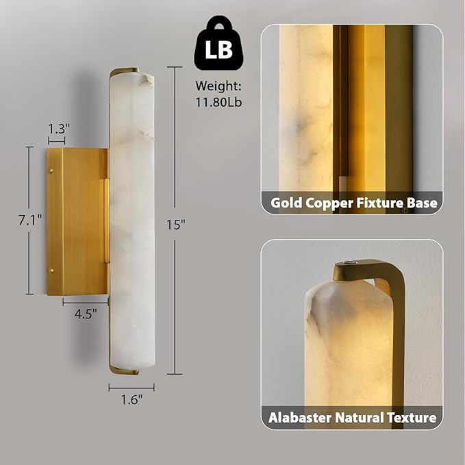 Alabaster Wall Sconces Set of Two, 15" Brass Alabaster Sconce, Spanish Natural Marble Bathroom Vanity Sconces, Rectangle Modern Sconces Lighting for Bedroom Living Room Staircases Hallway