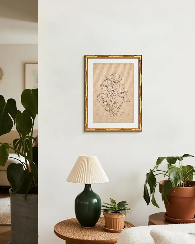 Vintage Gold Framed Canvas Wall Art 12x16 Inches Minimalist Botanical Line Art Flower Illustration, Neutral Beige Sketch Boho Floral Drawing Artwork, Modern Bedroom Bathroom Decor Gift