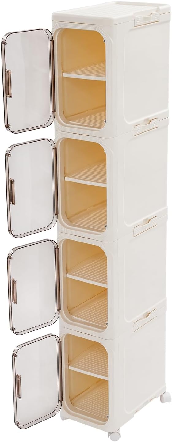4-Tier Plastic Narrow Storage Cabinet with Movable Wheels & Doors, Tall Slim Bathroom Organizers and Storage Cabinet for Small Space, Bathroom, Kitchen, Laundry (Beige)