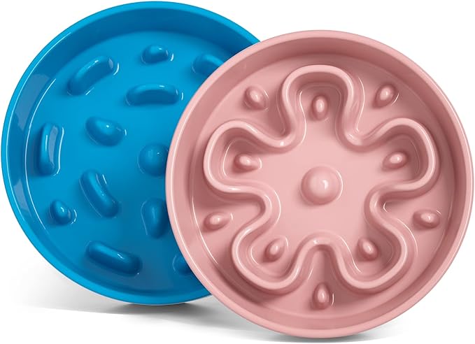 LE TAUCI Dog Slow Feeder Bowl,3 Cups Ceramic Maze Pattern for Large Breed,Bule and Pink