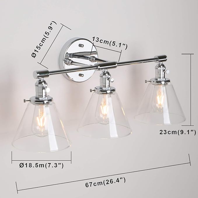 Permo Vintage Industrial Antique Three-Light Wall Sconces with Funnel Flared Clear Glass Shade (Chrome)