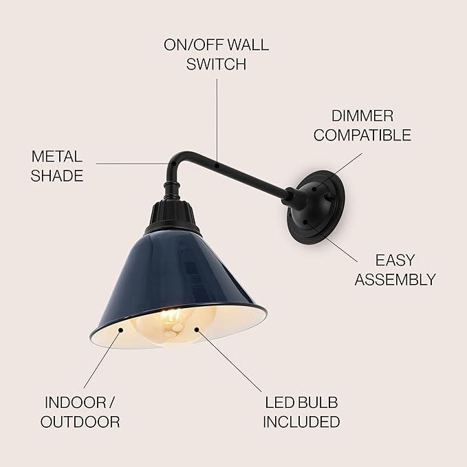 JONATHAN Y JYL7612C Croydon 9.63" 1-Light Farmhouse Industrial Indoor/Outdoor Iron LED Gooseneck Arm Outdoor Sconce Metal Bell Shade Vintage Cottage Rustic Porch Patio Yard Barn, Navy