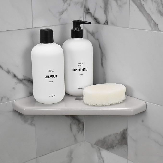 Questech 8" Corner Shower Shelf - Lugged for New Construction, Shower Organizer for Tiled Walls, Corner Caddy Soap Dish Bathroom Storage, Geo Lugged, Cool Gray Polished