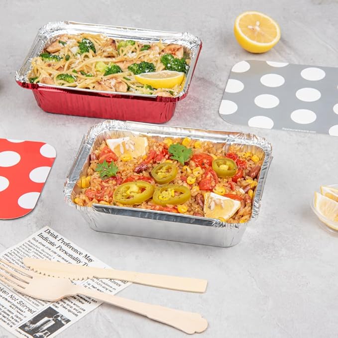 Restaurantware 16 Ounce Disposable Takeout Containers 50 Rectangle Food Containers - With Polka Dot Lids Silver Takeaway Containers Aluminum Delivery Containers Freezable
