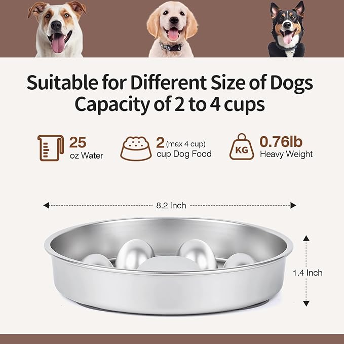 Slow Feeder Dog Bowls Stainless Steel with Non-Slip Silicone Pad Metal Bowl 2 Cups Heavy Duty Large Capacity Slow Feed for Small, Medium, Large Breed Dogs to Slow Down Eating