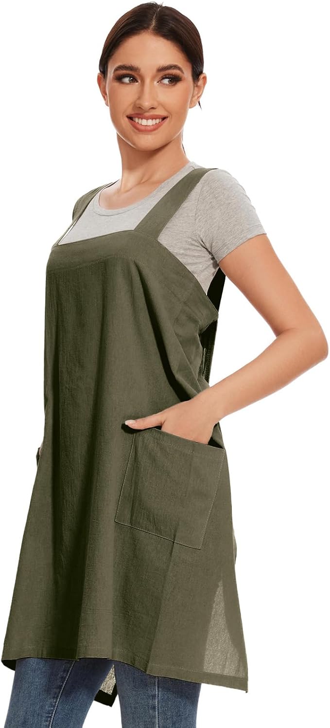 Women Apron with 2 Pockets Cotton Linen Kitchen Baking Cooking Chef Cross Back Pinafore Dress