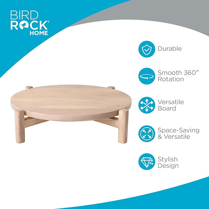 BIRDROCK HOME Elevated Lazy Susan | Rotating Acacia Wood Platter with Raised Legs | Ideal for Serving, Organizing, and Decor | Smooth 360° Rotation (White Wash, Medium)