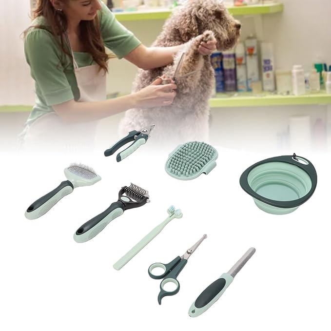 8 Pcs Dog Cat Grooming Kit, Professional Deshedding Bath Brush with Rake Nail Clippers Comb Toothbrush, Portable Storage Bag for Daily Pet Care and Shedding Control