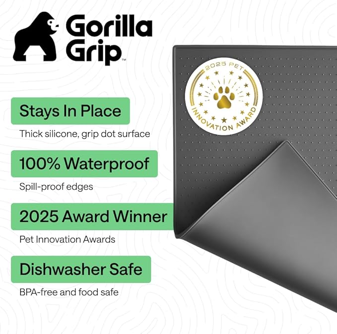 GORILLA GRIP 100% Waterproof Raised Edge BPA Free Silicone Pet Feeding Mat, Dog Cat Food Mats Contain Spills Protects Floors, Placemats for Cats and Dogs Water Bowl, Pets Accessories 28x18 Charcoal