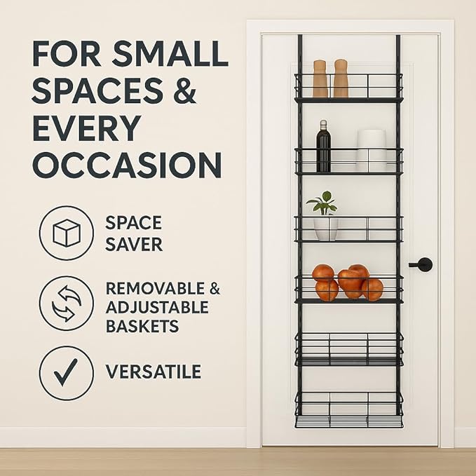 USTECH 6-Tier Heavy Duty Over The Door Pantry Organizer, Metal Hanging Storage Rack with Wired Tubing, Adjustable Shelves for Kitchen, Bathroom, Closet, Space-Saving Design, Black