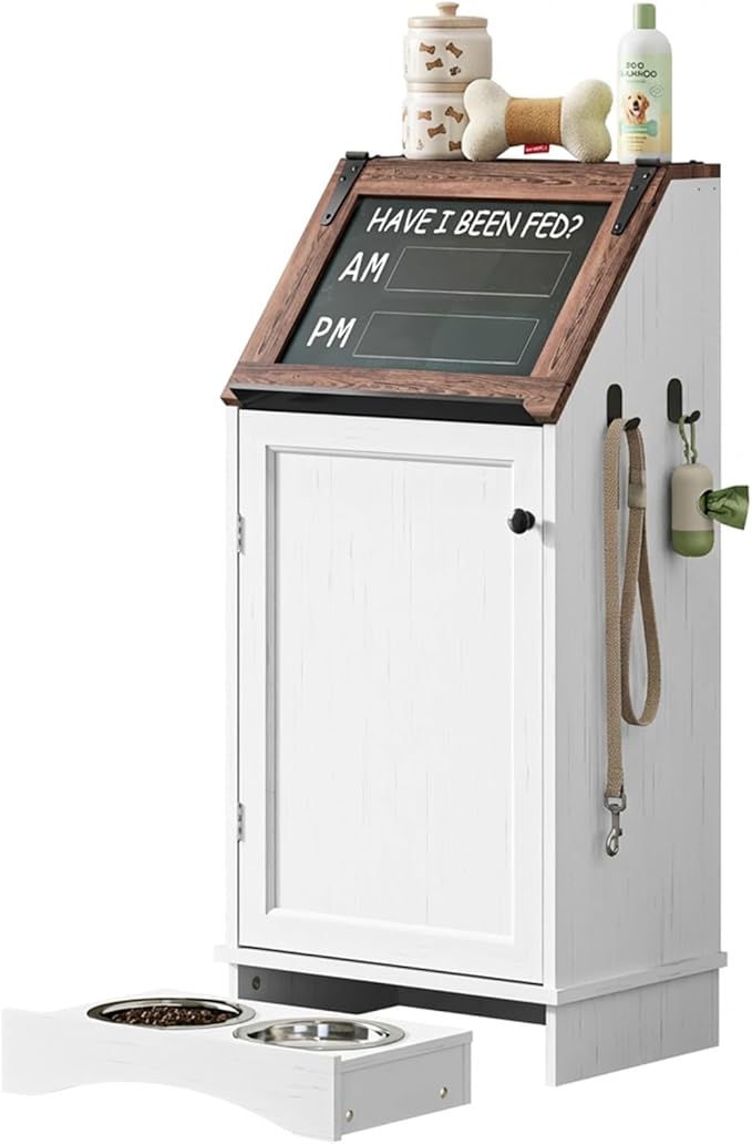 Dog Food Feeding Station with Storage, Pet Food Storage Cabinet with Bowls and Flip-Top Blackboard, Hidden Trash Can, Pet Organizer Cabinet for Dog and Cat, White