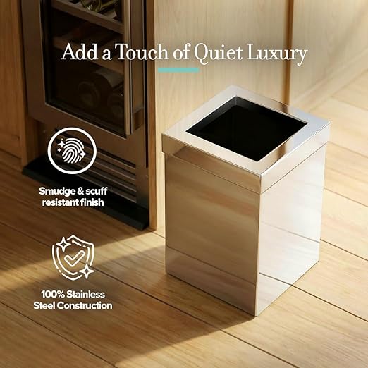 Gatco Small Bathroom Trash Can With Lid, Square 3 Gallon Stainless Steel Wastebasket, Under Sink, Chrome, For Bathroom, Bedroom, Office (1913)