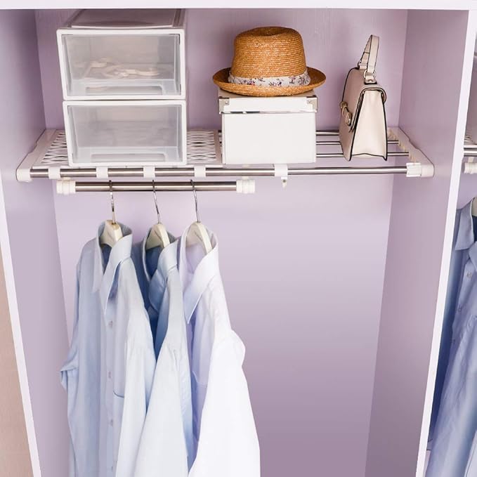 BAOYOUNI Expandable Closet Rod Pole Organizer Clothes Storage Rack Shelving Units Wardrobe Separators with 8 Mesh Spacers and 1 Hanging Rod, 25.59-43.31 IN