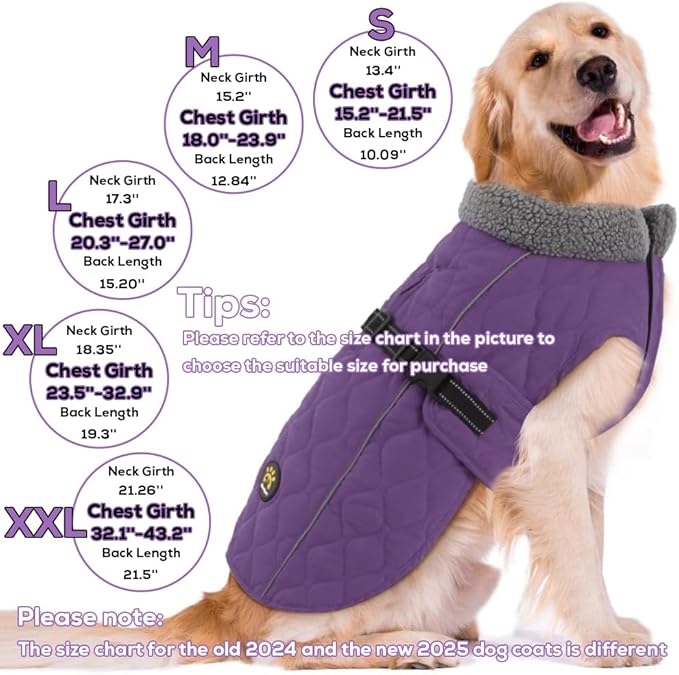 Dog Winter Jackets, Furry Collar Warm Coats for Dogs with Fleece Lining, Water Resistant Adjustable Dog Coat for Winter, Reflective Doggie Appreal with Leash Hole and Buckle, Purple L