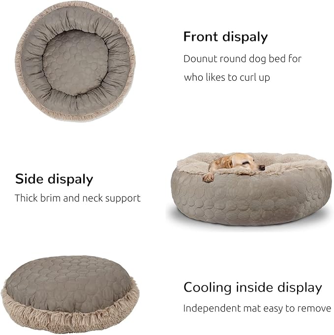 HachiKitty Dog Donut Round Calming Bed, Fluffy Bed for Medium Large Dogs, Double Sided Available with Warm & Cool Sides (30"x30"x9", Taupe)