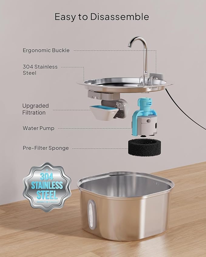 PEKTACO Stainless Steel Cat Water Fountain, 3.2L/108oz Cat Water Dispenser with Quiet Water Pump, Dishwasher Safe Pet Drinking Fountain for Cats