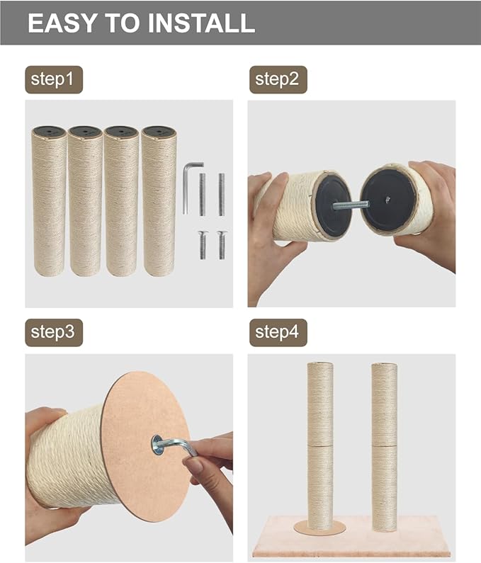 4 PCS M8 Cat Scratching Post Replacement, 15.7 x 3.3 inch Sisal Pole Cat Tree Replacement Post with Screws, Refill Sisal Rope Scratcher Posts for Indoor Tree Tower Cat Furniture Protector