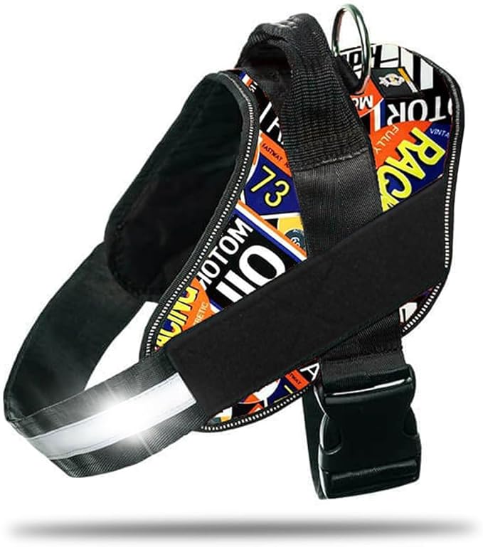 Non Pull Dog Harness with Patch Panels and Handle, Adjustable, Reflective, No Choke, Heavy Duty Easy On Service Dog Vest Harnesses for Medium Large Small Sized Dogs - Motorsport, M