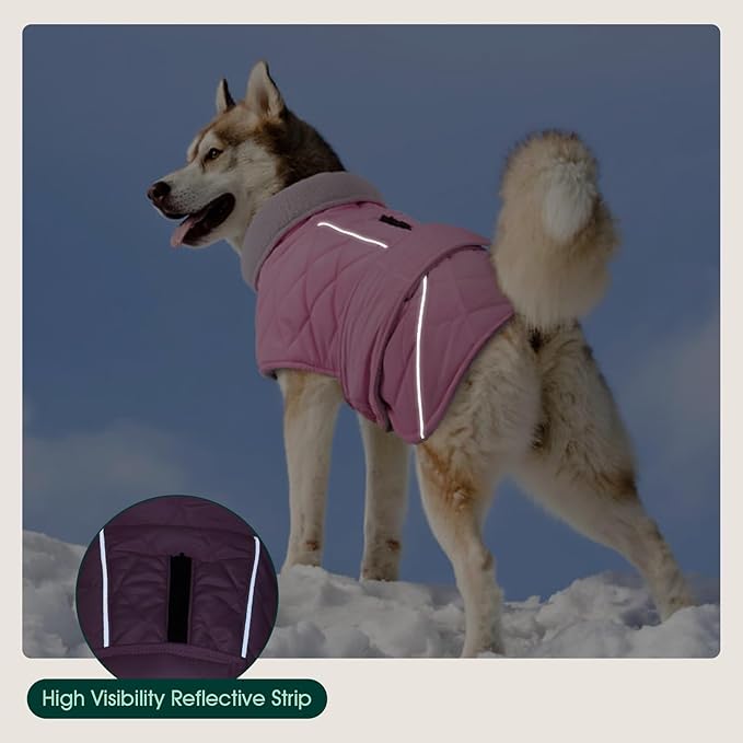 Kuoser Dog Coat Thermal Fleece Lined Dog Jacket, Adjustable Hook & Loop Dogs Coats for Medium Dogs Windproof Reflective Puppy Snow Jackets Pet Cold Weather Clothes with Harness Hole, Pink, M