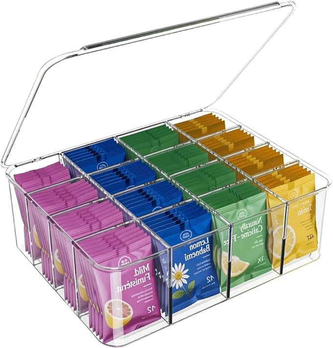 Tea Bags Organizer: Extra Large Tea Bag Holder Organizer with Lid, Acrylic Drink Packets Storage for Cabinet, Counter, Countertop, Drink Packets Caddy for 16 Different Types