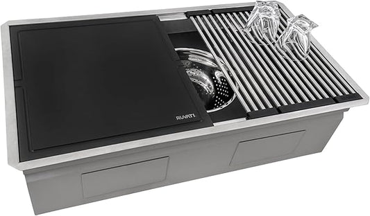 Ruvati 33-inch Workstation Two-Tiered Ledge Undermount Kitchen Sinks 16 Gauge Stainless Steel with Black Composite Accessories - Deep Undermount Sink, Kitchen Sink, Stainless Steel Sinks - RVH8224