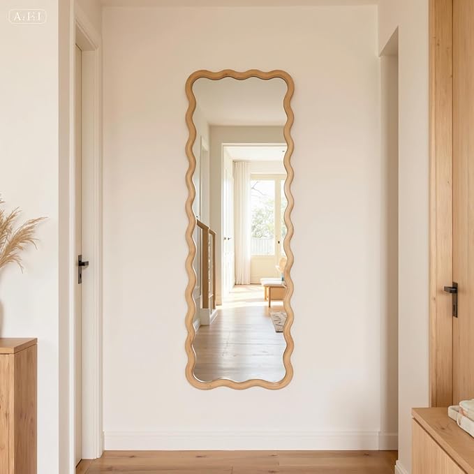 20"x63" Long Irregular Wavy Full Length Wall Mirror, Large Wood Framed Full Body Floor Mirror Leaning Against Wall for Dressing Bedroom Living Room Cloakroom Horizontal or Vertical Hanging Nature