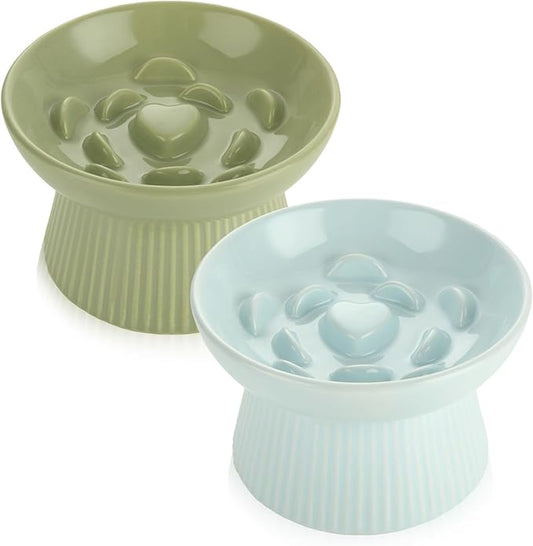 2 Pack Raised Cat Slow Feeder, Elevated Slow Feed Dish for Cats and Small Dogs, Ceramic Slow Feeder Cat Bowl, No Spill High Edge for Dry/Wet Food(Blue, Green)