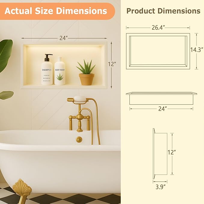 Suteck Shower Niche, 12"x24" Ready for Tile, Stainless Steel Recessed Shelf Niches for Showers, Single Niche for Bedroom, Living Room, Bathroom Storage