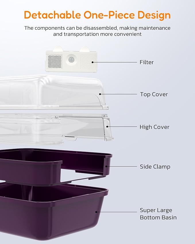Large Cat Litter Box with Transparent Lid, Foldable Hooded Litter Box with Front Door Flap for Privacy, Easy Clean Non-Sticky Litter Box with Intelligent Deodorizing, (21.6" L x 17.8" W x 17.3" H)